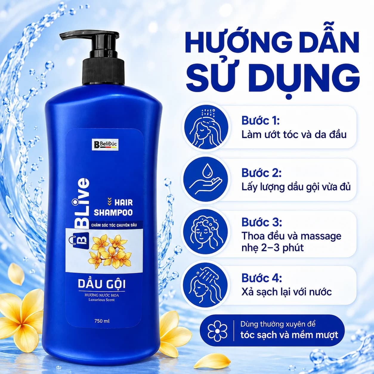 Dầu gội Cao Cấp BLive Hair Shampoo Nước Hoa 750ml (Chai lùn xanh)