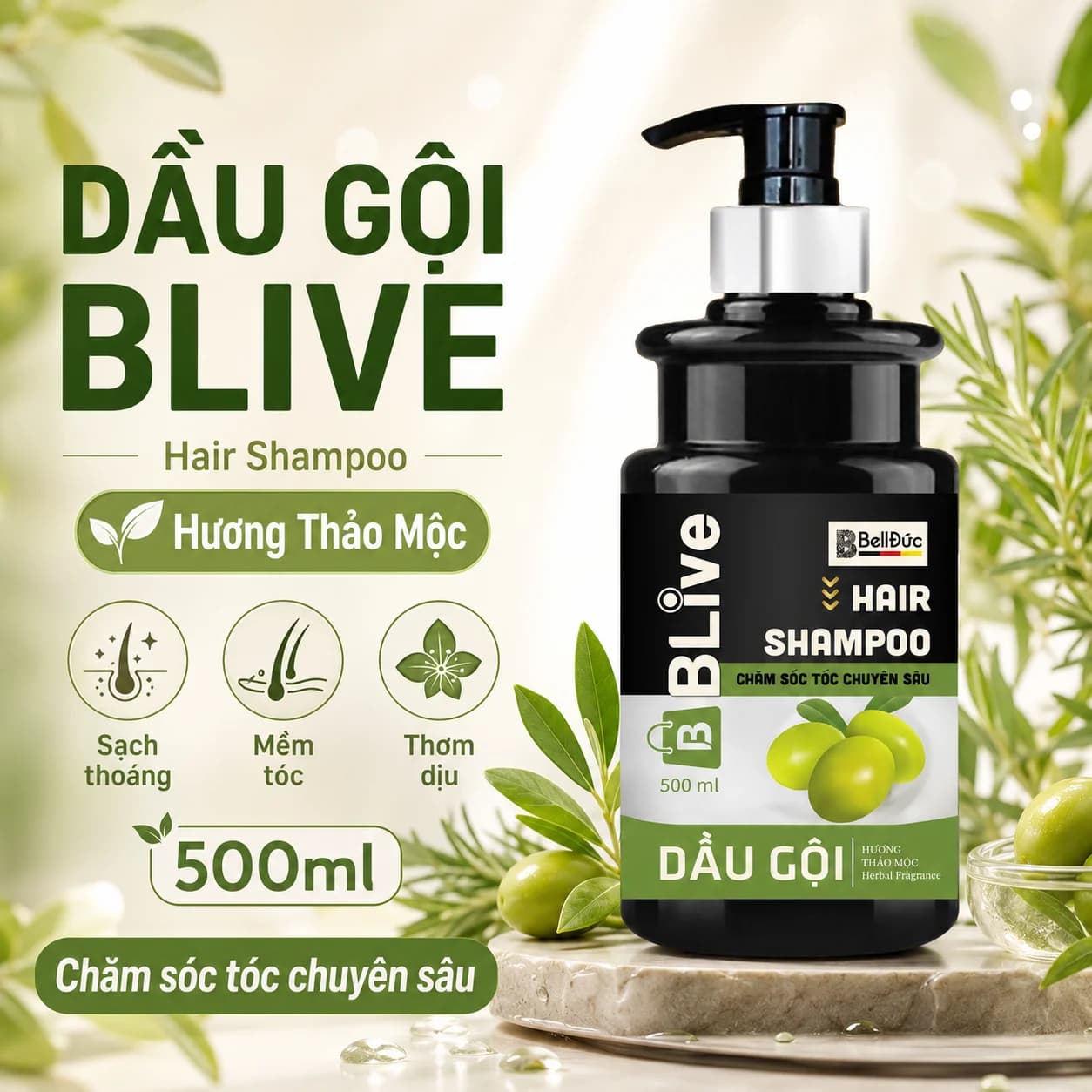 Dầu Gội Cao Cấp Blive Hair Shampoo Thảo Mộc 500ml (Chai tròn trụ đen tem xanh)