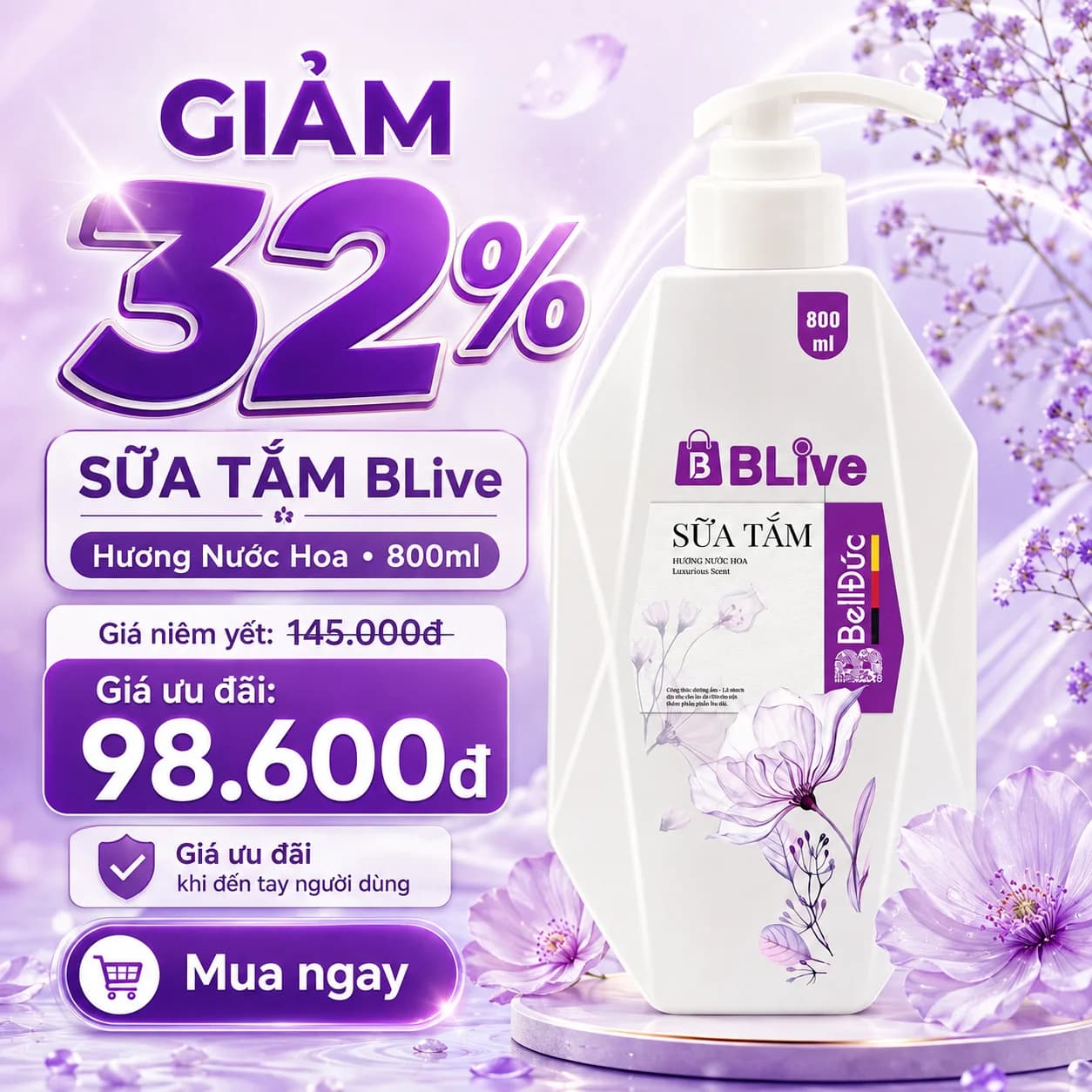 Sữa Tắm Cao Cấp Blive Hương Nước Hoa 800ml (Quả trám tem tím)