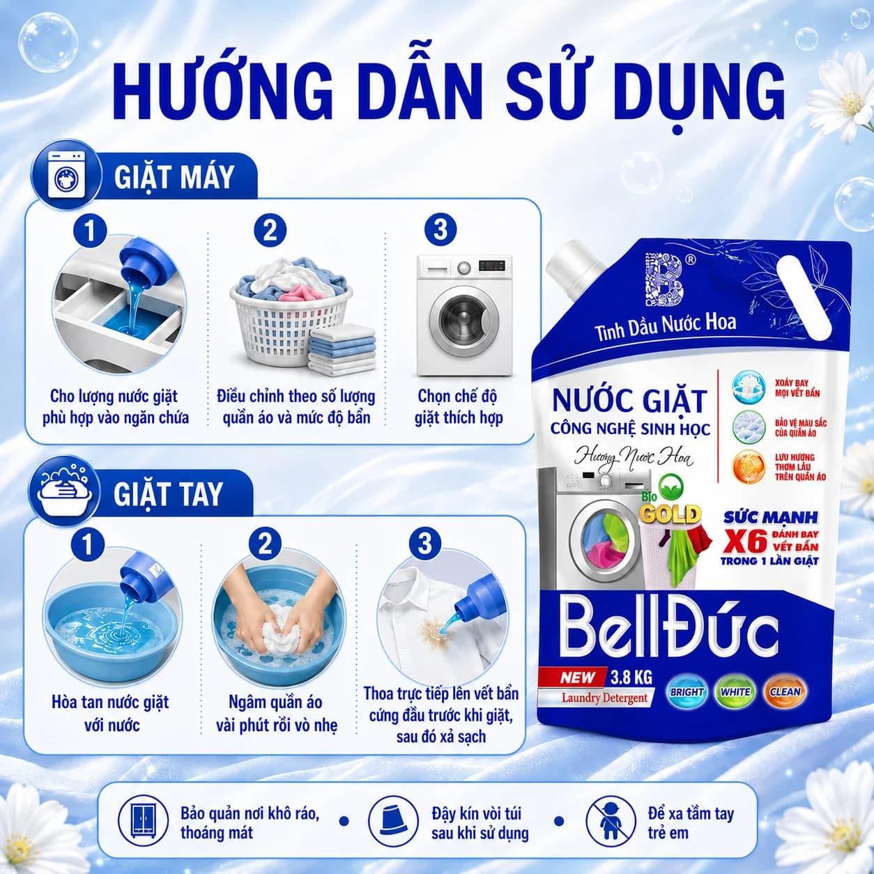 3,8kg Nước Giặt Xả Cao Cấp Công Nghệ Sinh Học Bell Đức Hương Nước Hoa
