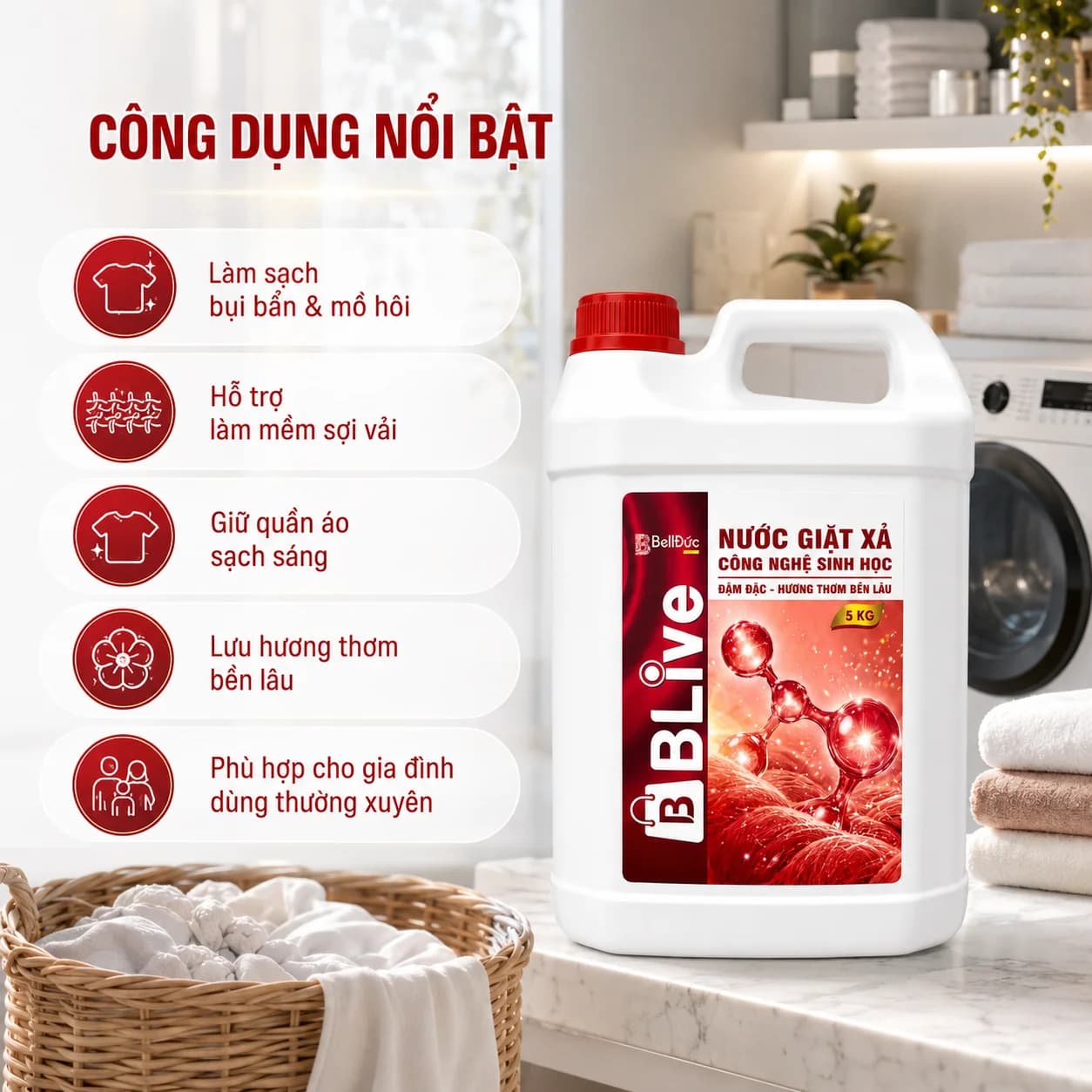 5kg Nước Giặt Xả Cao Cấp Công Nghệ Sinh Học Blive (Màu Đỏ)