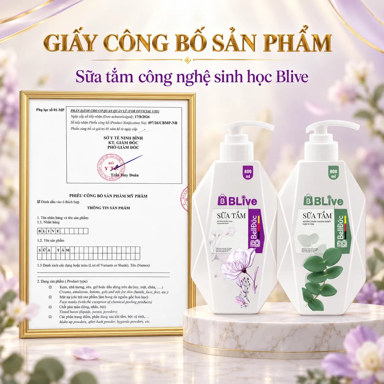 Sữa Tắm Cao Cấp Blive Hương Nước Hoa 800ml (Quả trám tem tím)