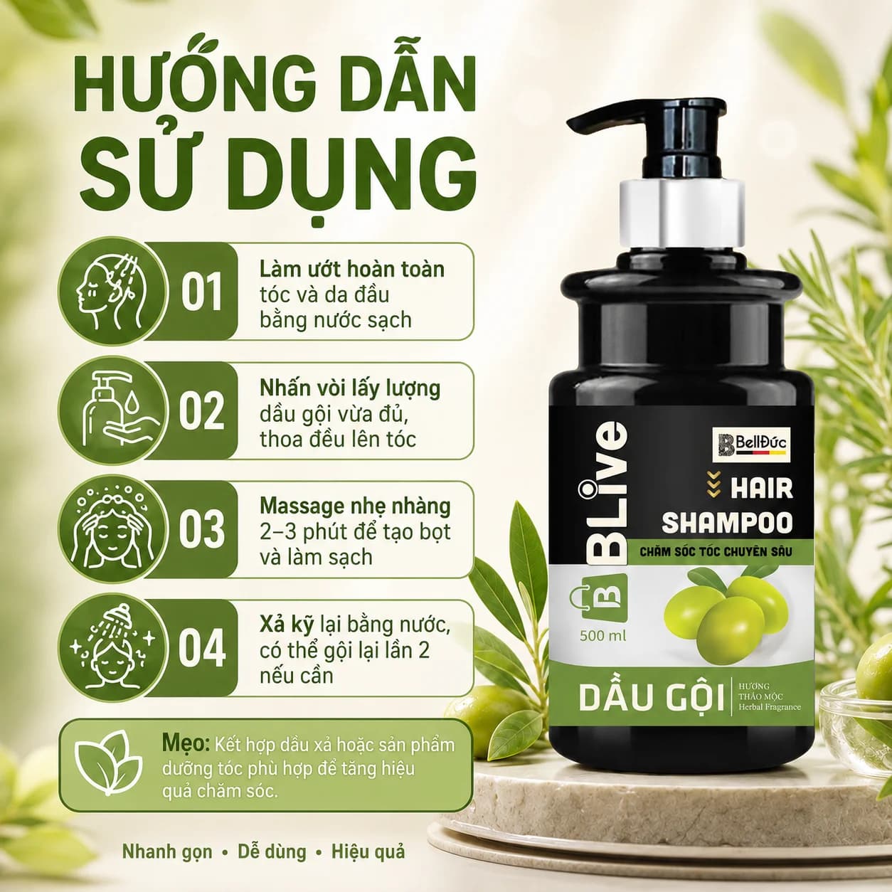 Dầu Gội Cao Cấp Blive Hair Shampoo Thảo Mộc 500ml (Chai tròn trụ đen tem xanh)
