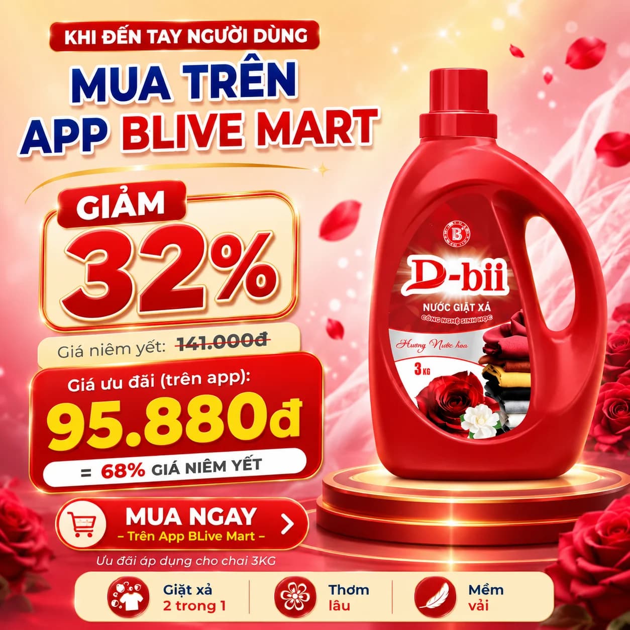 3Kg Nước Giặt Xả Công Nghệ Sinh Học Dbii Hương Nước Hoa Can Đỏ
