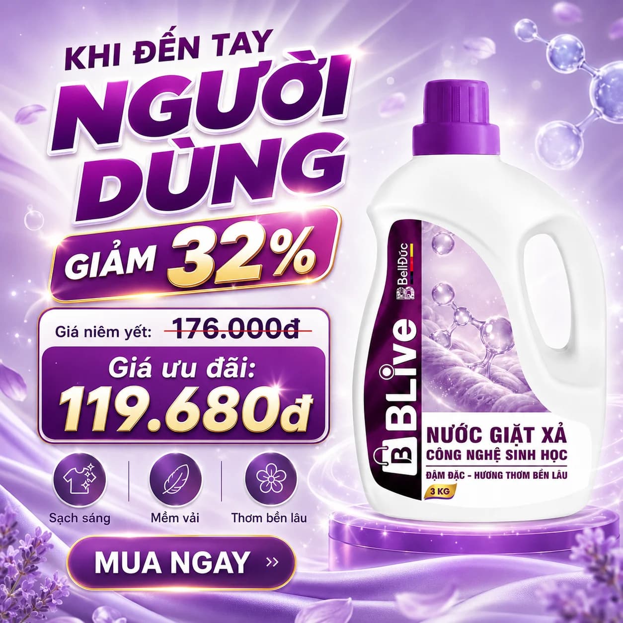 3kg Nước Giặt Xả Cao Cấp Công Nghệ Sinh Học Blive Can Tím