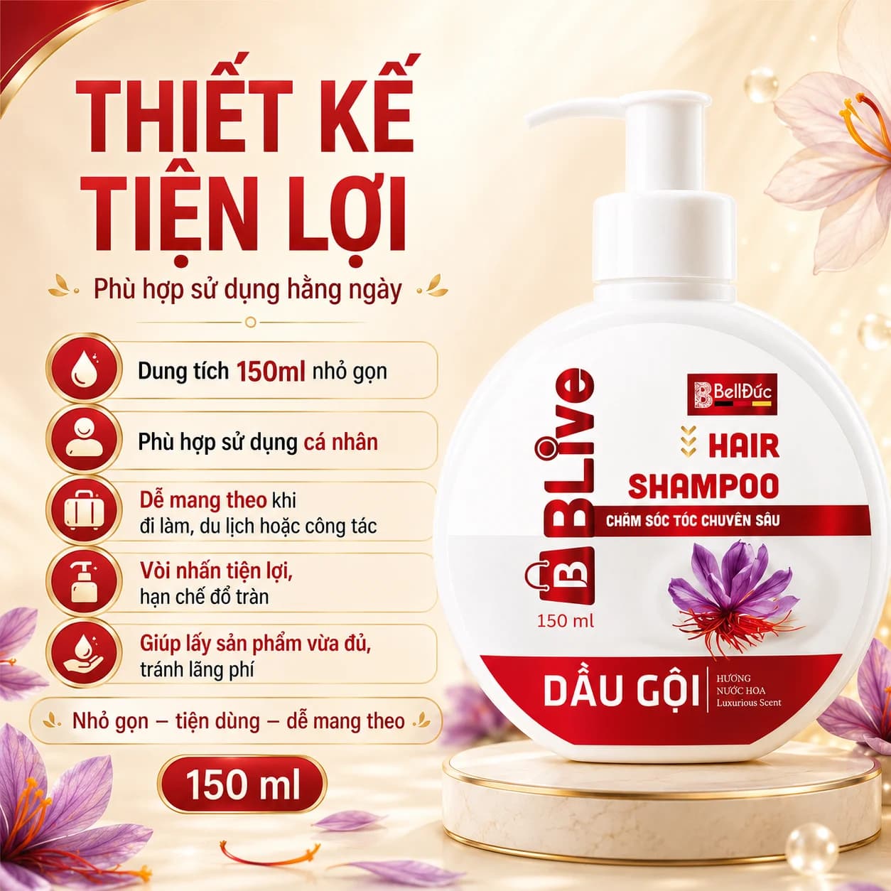 Dầu Gội Cao Cấp BLive Hair Shampoo Nước Hoa 150ml (Chai tròn dẹt tem đỏ)