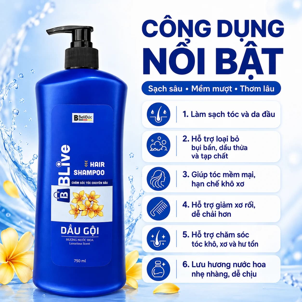 Dầu gội Cao Cấp BLive Hair Shampoo Nước Hoa 750ml (Chai lùn xanh)