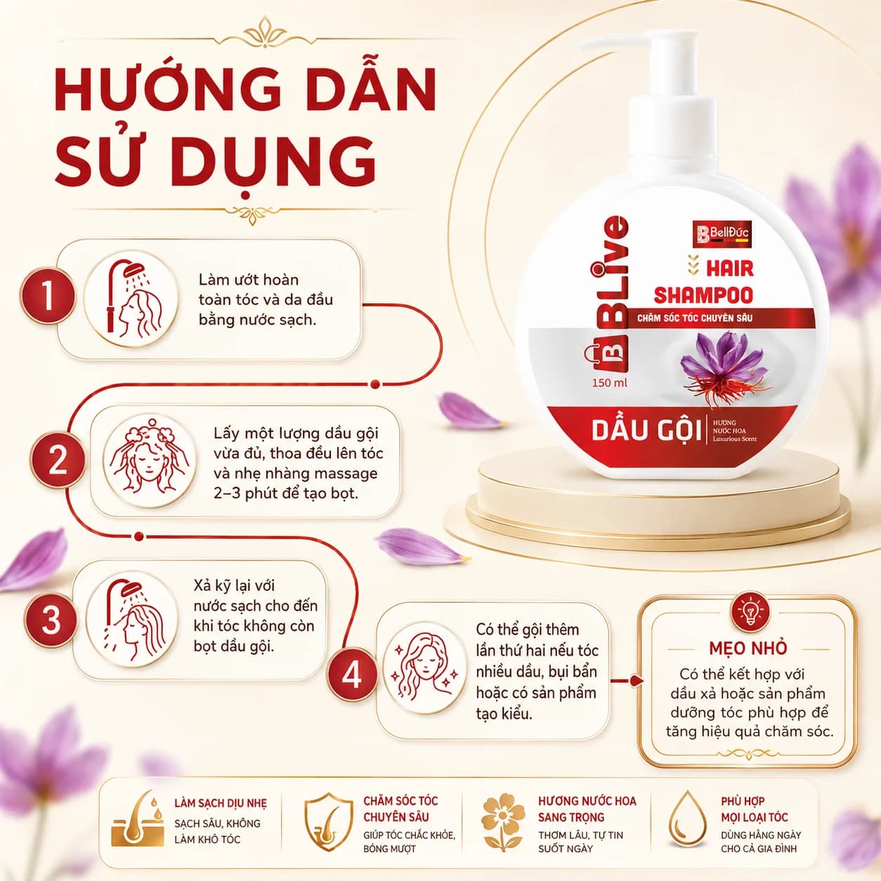 Dầu Gội Cao Cấp BLive Hair Shampoo Nước Hoa 150ml (Chai tròn dẹt tem đỏ)