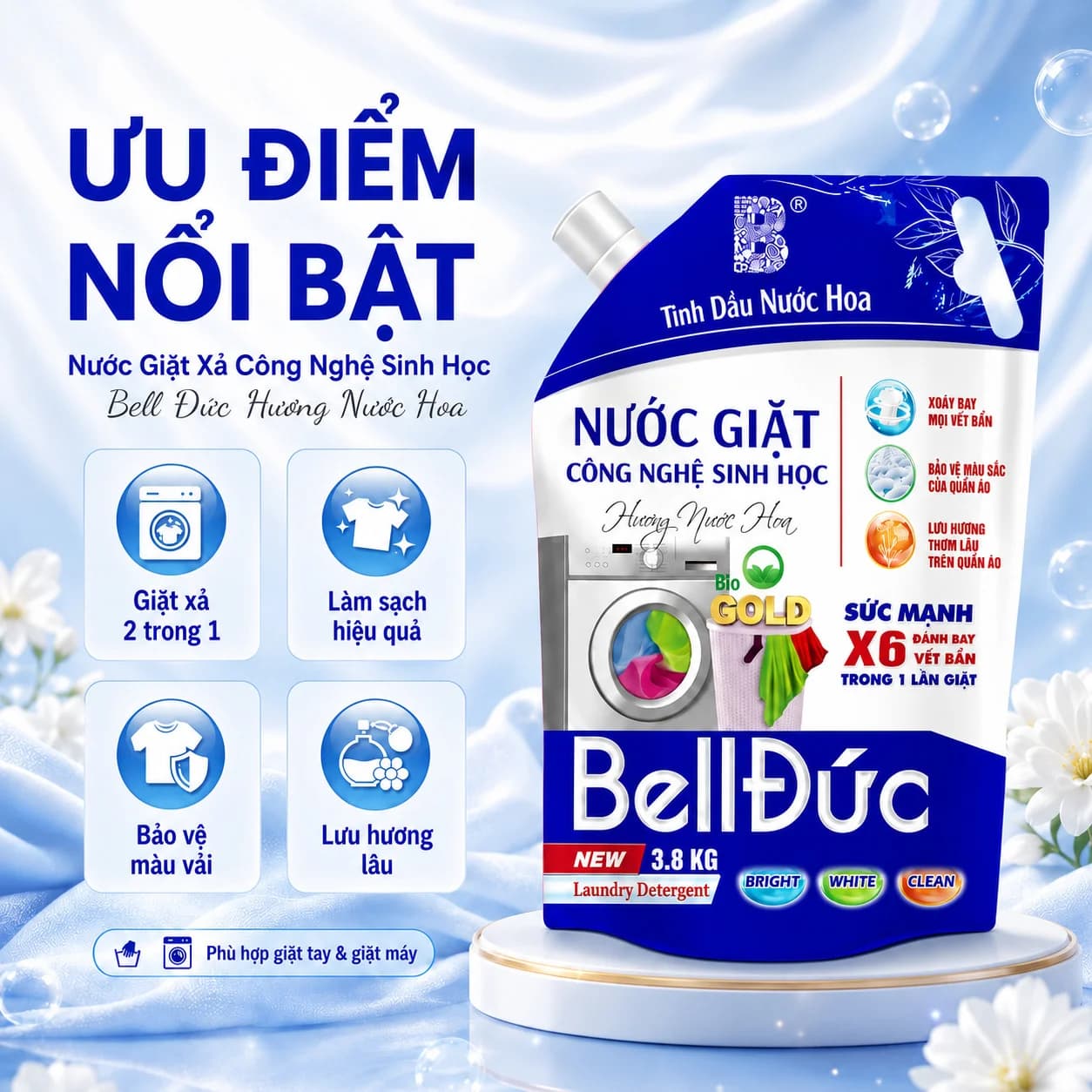 3,8kg Nước Giặt Xả Cao Cấp Công Nghệ Sinh Học Bell Đức Hương Nước Hoa