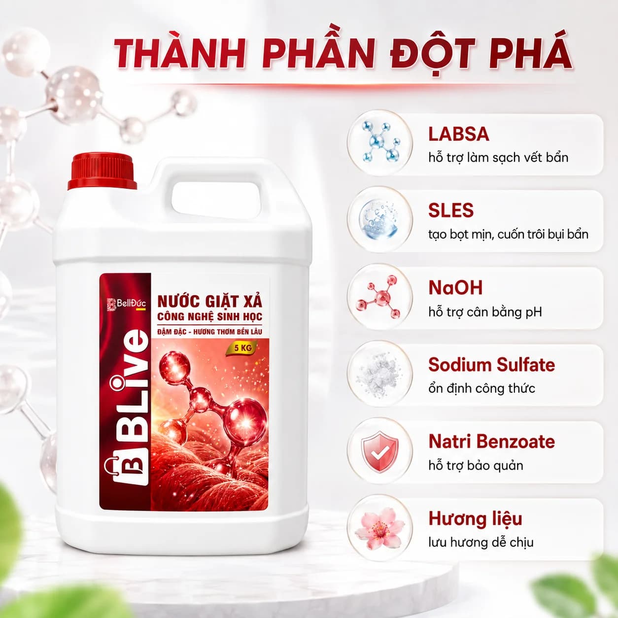 5kg Nước Giặt Xả Cao Cấp Công Nghệ Sinh Học Blive (Màu Đỏ)