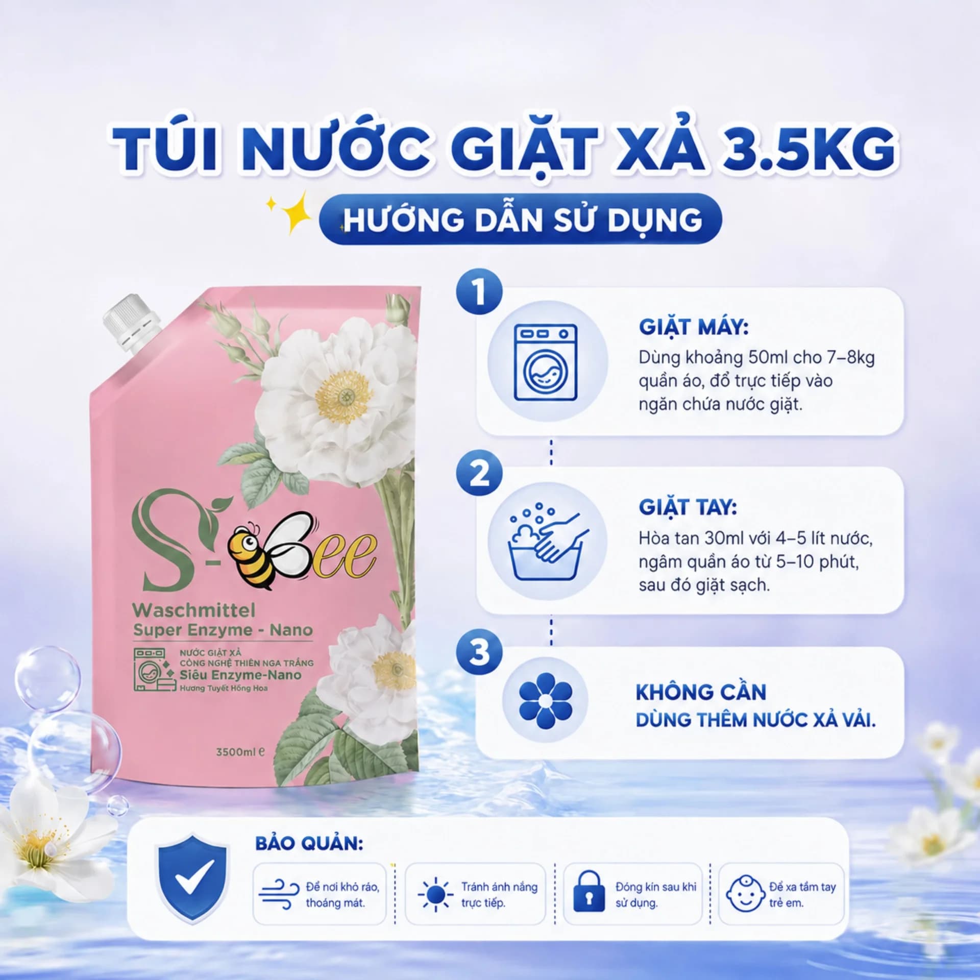 3,5kg Túi Nước Giặt Xả Dbii hương Tuyết Hồng Hoa