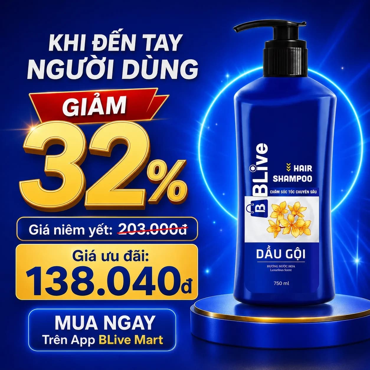 Dầu gội Cao Cấp BLive Hair Shampoo Nước Hoa 750ml (Chai lùn xanh)