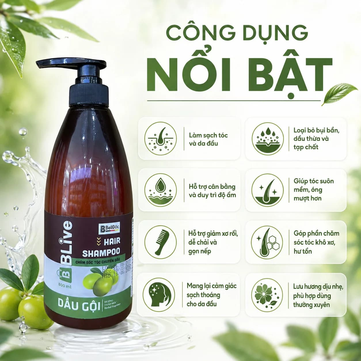 Dầu Gội Cao Cấp BLive Hair Shampoo Hương Thảo Mộc 800ml (Chai tròn nâu tem xanh)