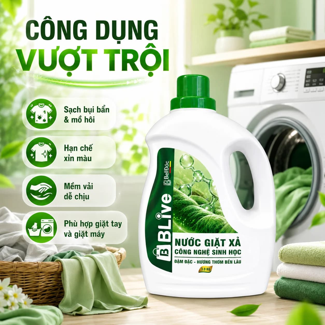 3kg Nước Giặt Xả Cao Cấp Công Nghệ Sinh Học Blive Can Xanh