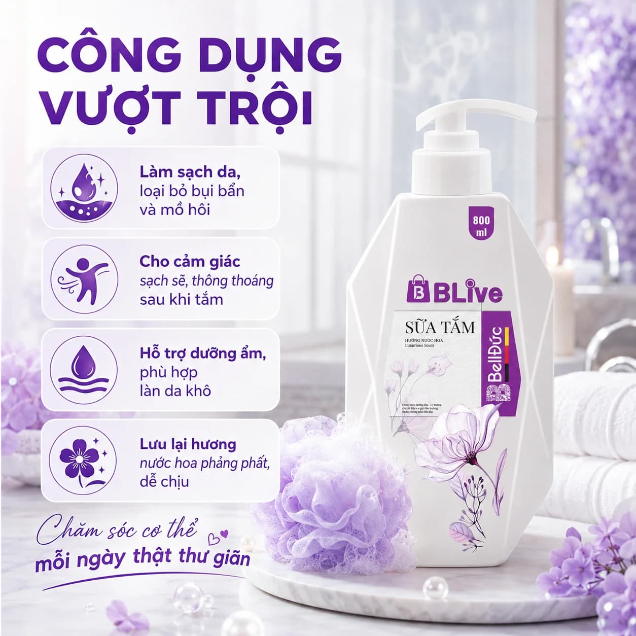 Sữa Tắm Cao Cấp Blive Hương Nước Hoa 800ml (Quả trám tem tím)