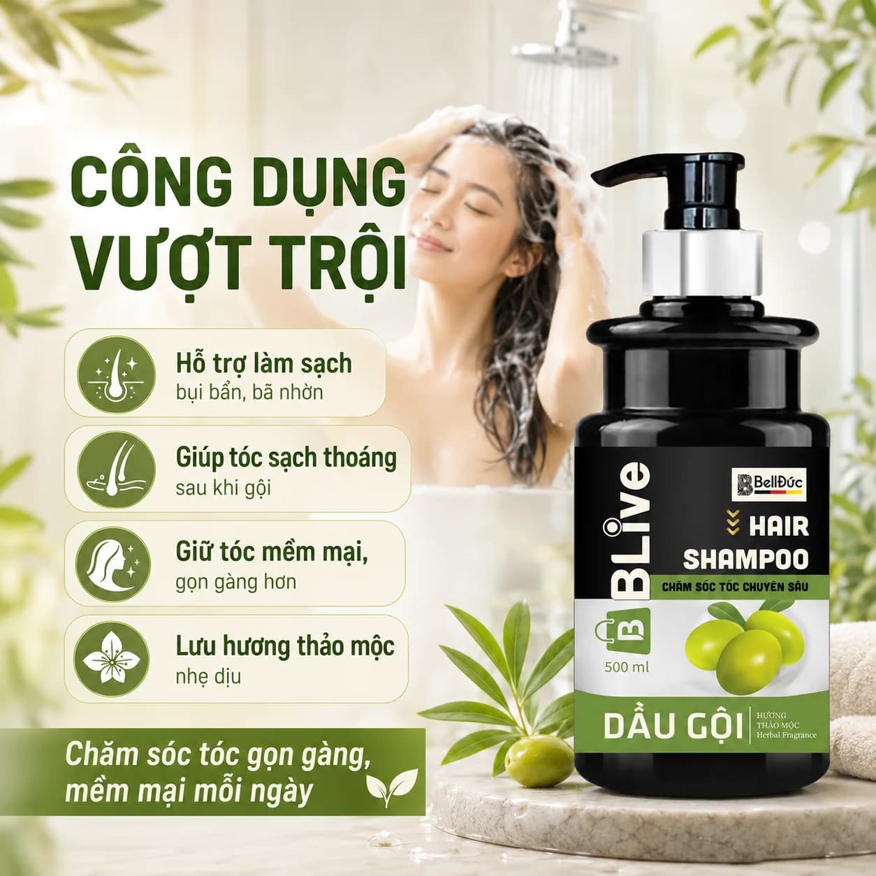 Dầu Gội Cao Cấp Blive Hair Shampoo Thảo Mộc 500ml (Chai tròn trụ đen tem xanh)