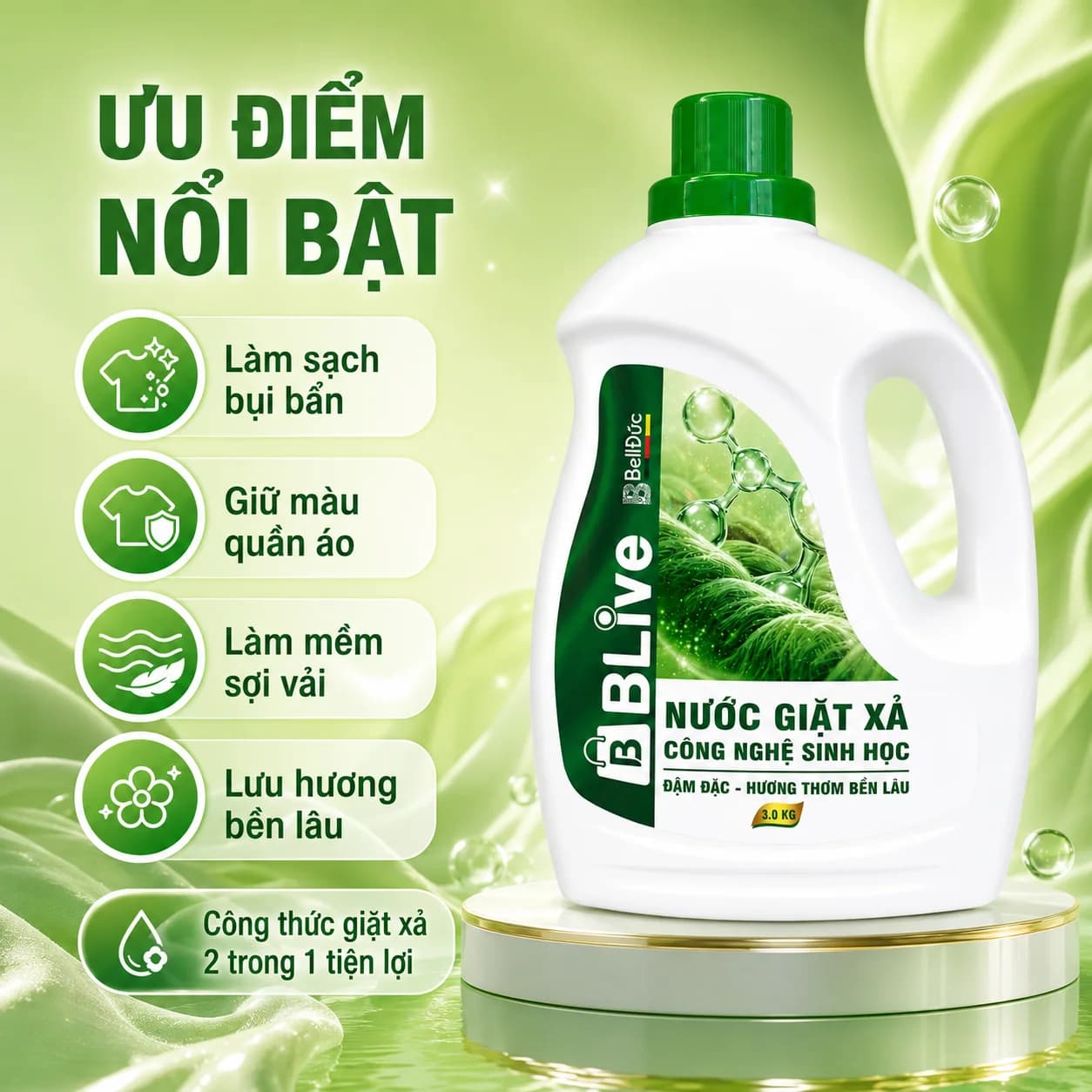 3kg Nước Giặt Xả Cao Cấp Công Nghệ Sinh Học Blive Can Xanh