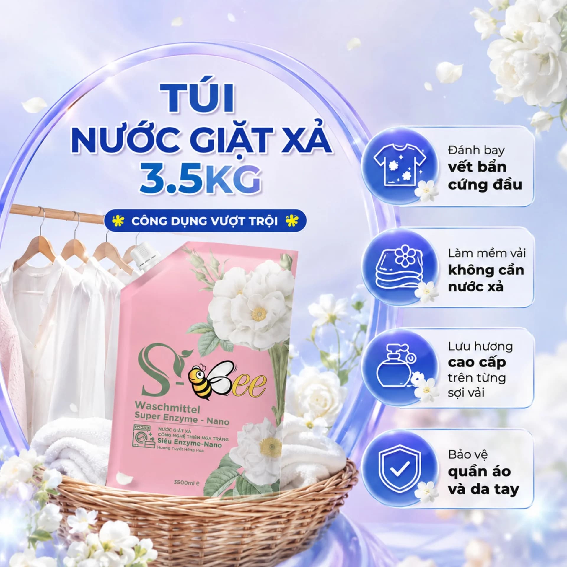 3,5kg Túi Nước Giặt Xả Dbii hương Tuyết Hồng Hoa