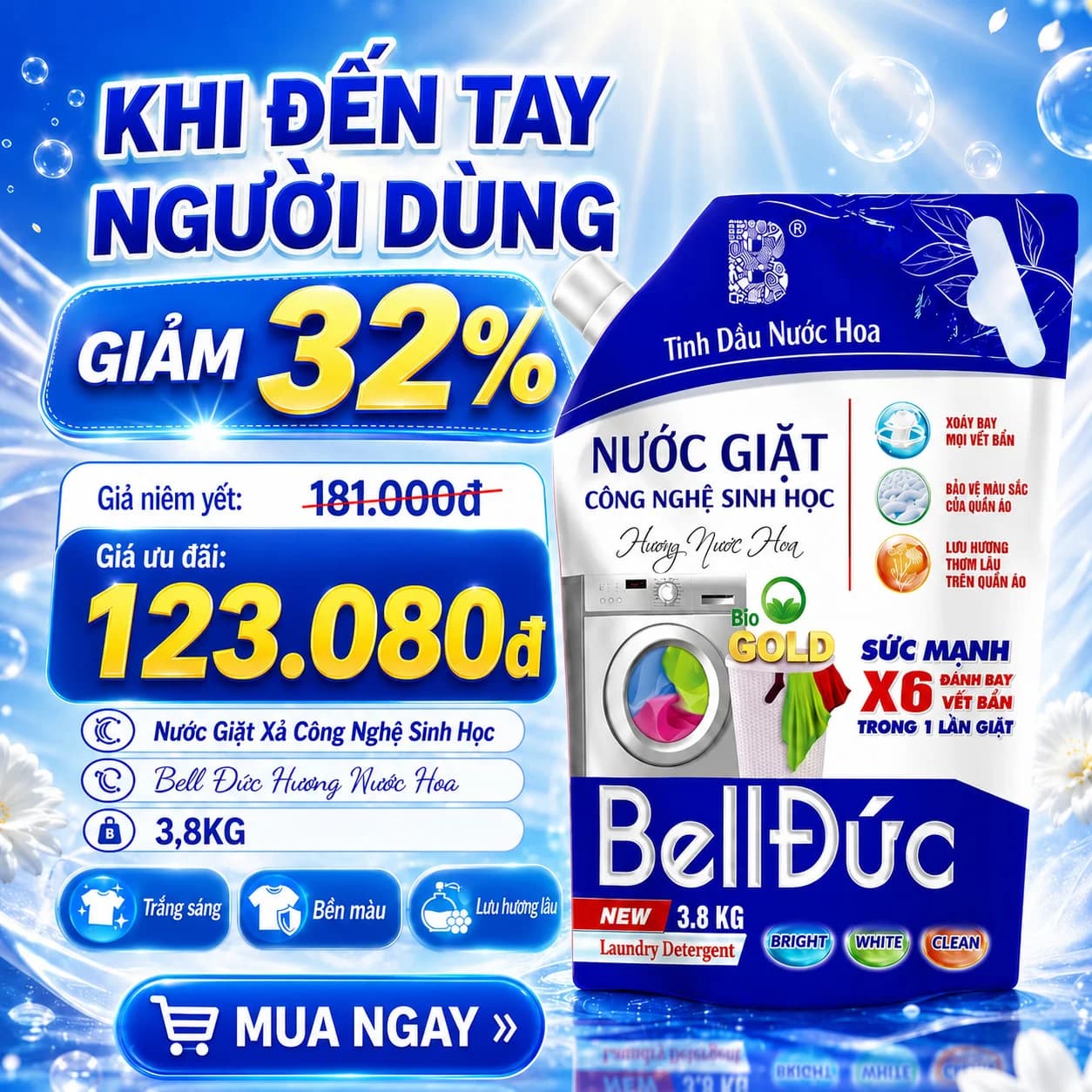 3,8kg Nước Giặt Xả Cao Cấp Công Nghệ Sinh Học Bell Đức Hương Nước Hoa