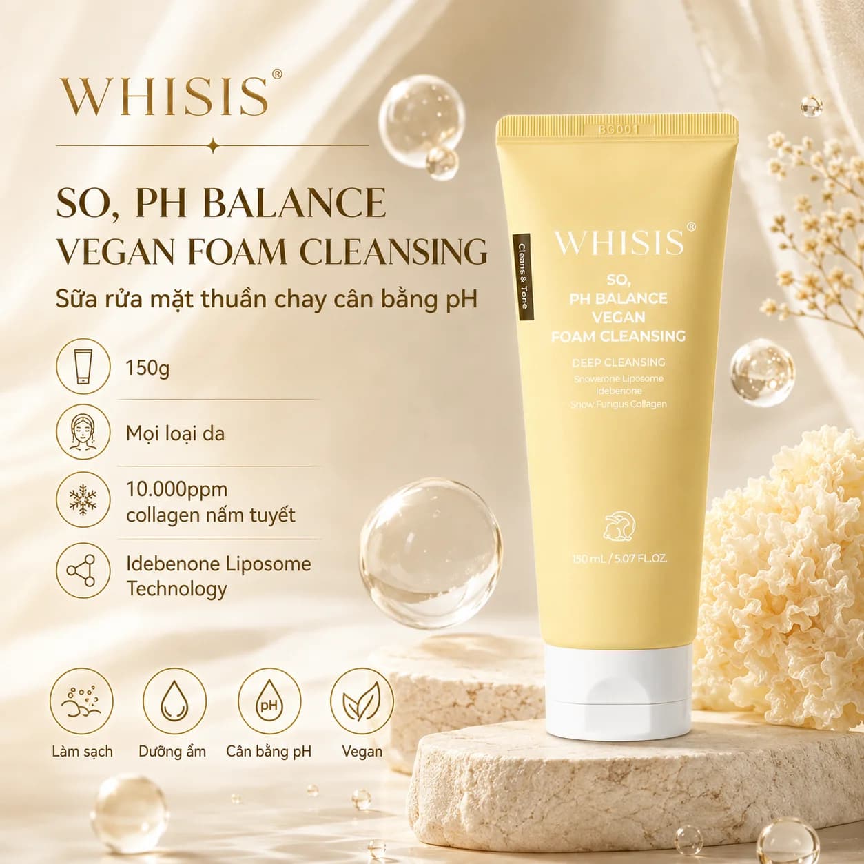 Sữa Rửa Mặt Thuần chay WHISIS So, PH balance vegan foam cleansing (150ml)