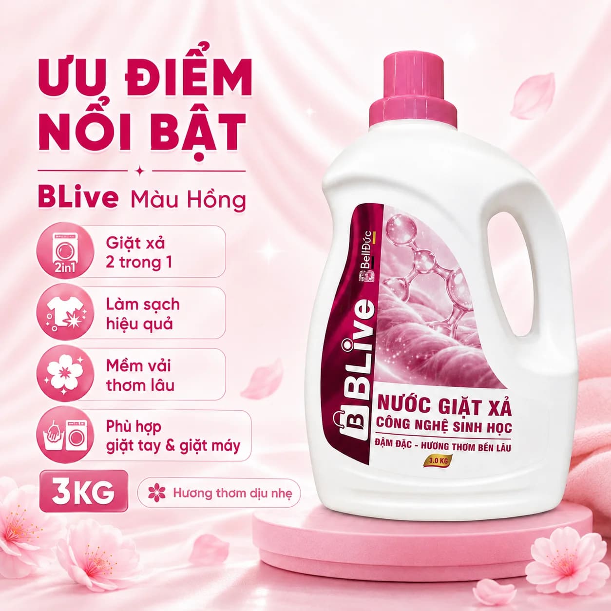 3kg Nước Giặt Xả Cao Cấp Công Nghệ Sinh Học Blive Can Hồng