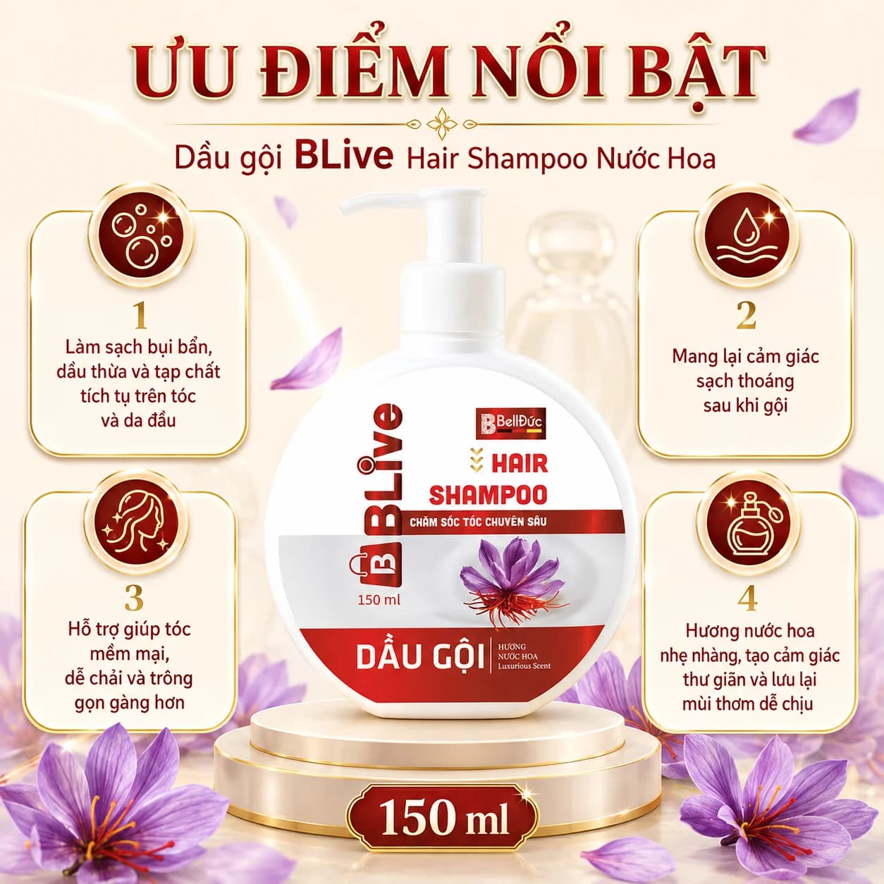 Dầu Gội Cao Cấp BLive Hair Shampoo Nước Hoa 150ml (Chai tròn dẹt tem đỏ)