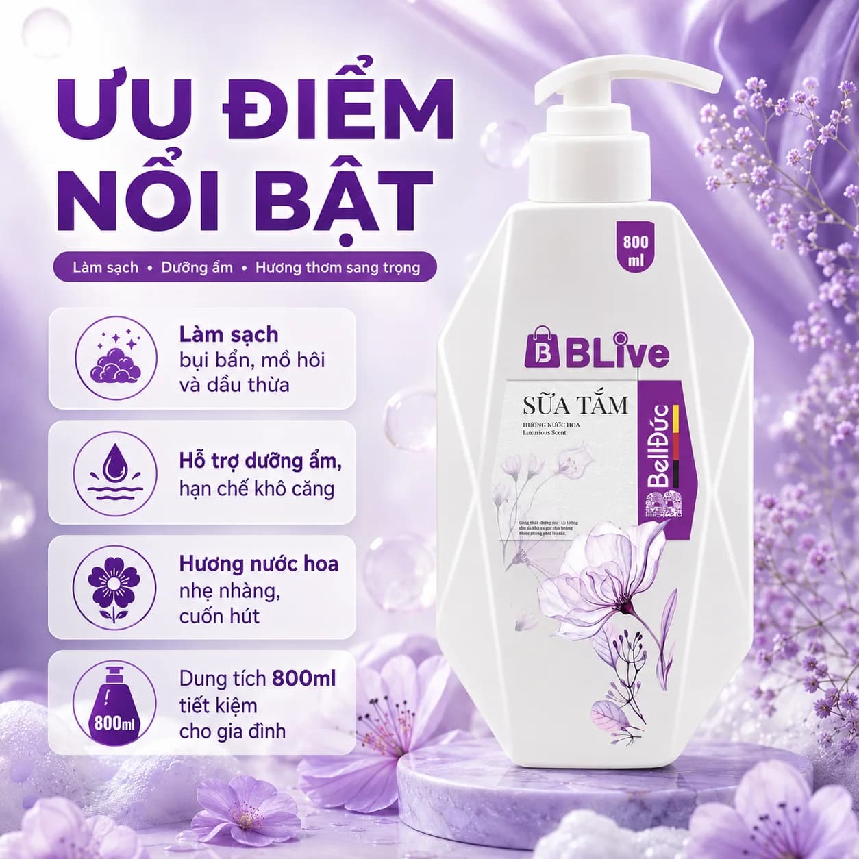 Sữa Tắm Cao Cấp Blive Hương Nước Hoa 800ml (Quả trám tem tím)