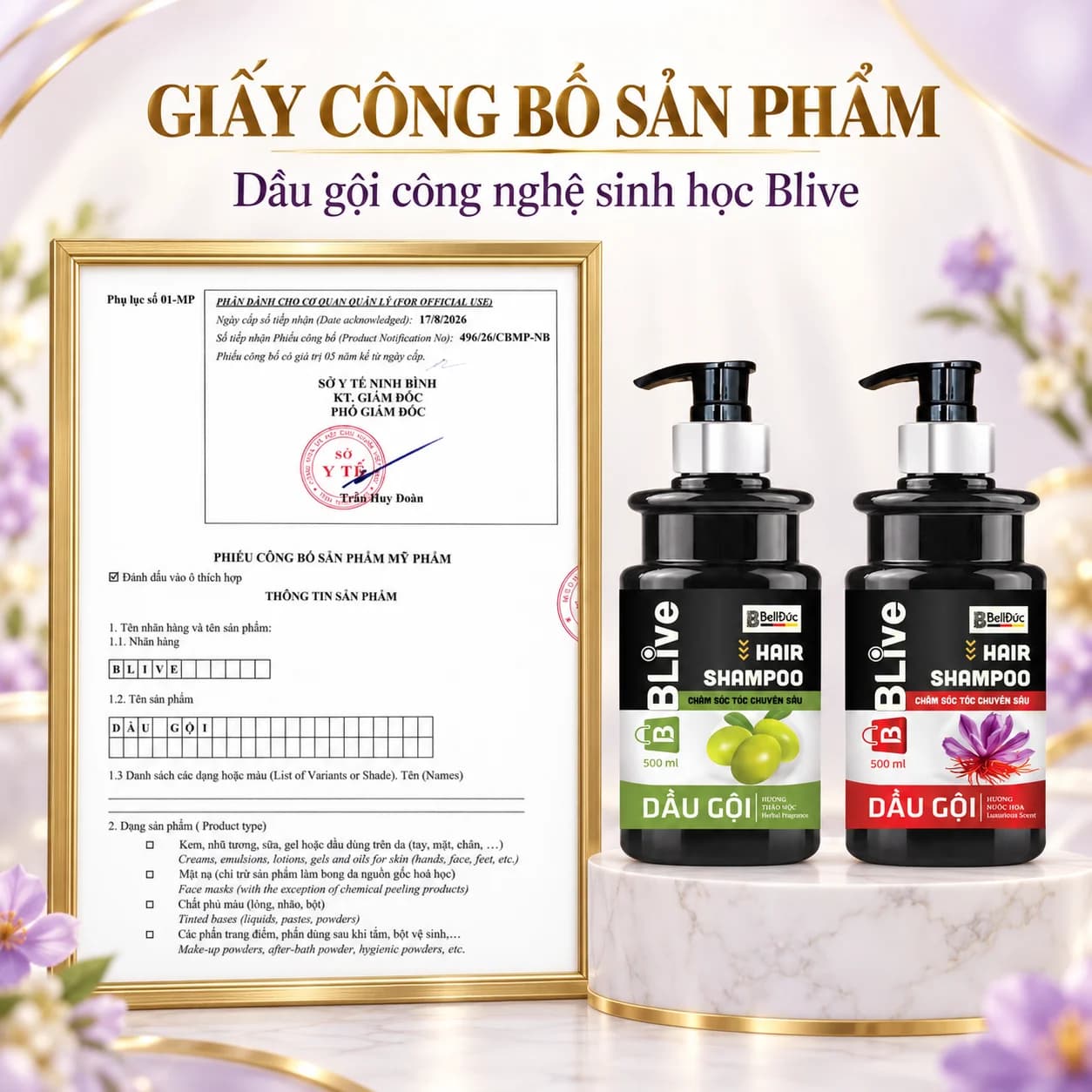 Dầu Gội Cao Cấp Blive Hair Shampoo Thảo Mộc 500ml (Chai tròn trụ đen tem xanh)
