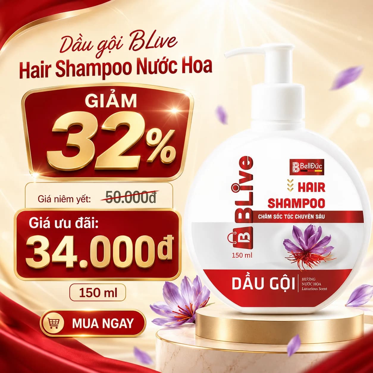 Dầu Gội Cao Cấp BLive Hair Shampoo Nước Hoa 150ml (Chai tròn dẹt tem đỏ)