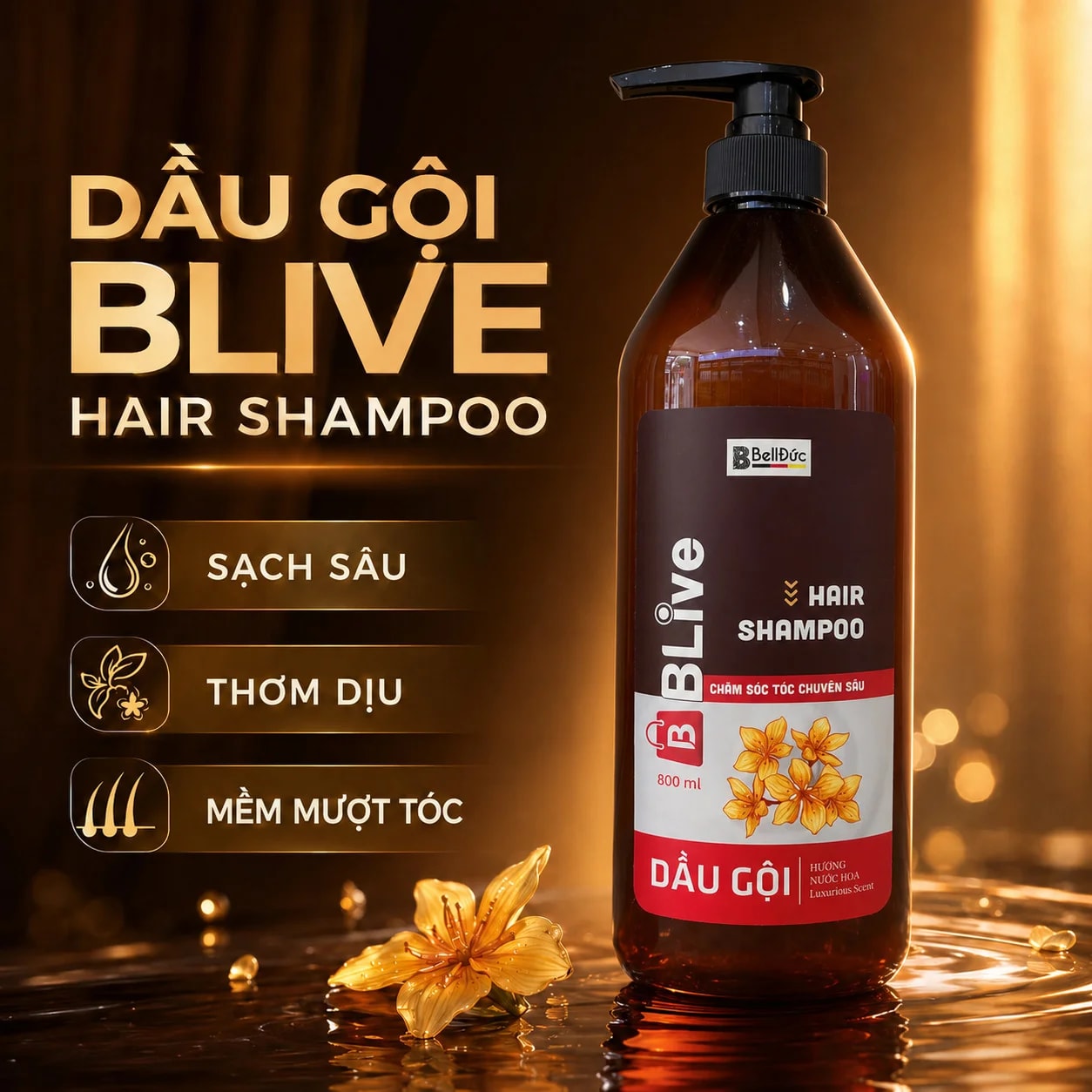 Dầu Gội Cao Cấp Blive Hair Shampoo Hương Nước Hoa 800ml (Chai tròn dẹt tem đỏ)