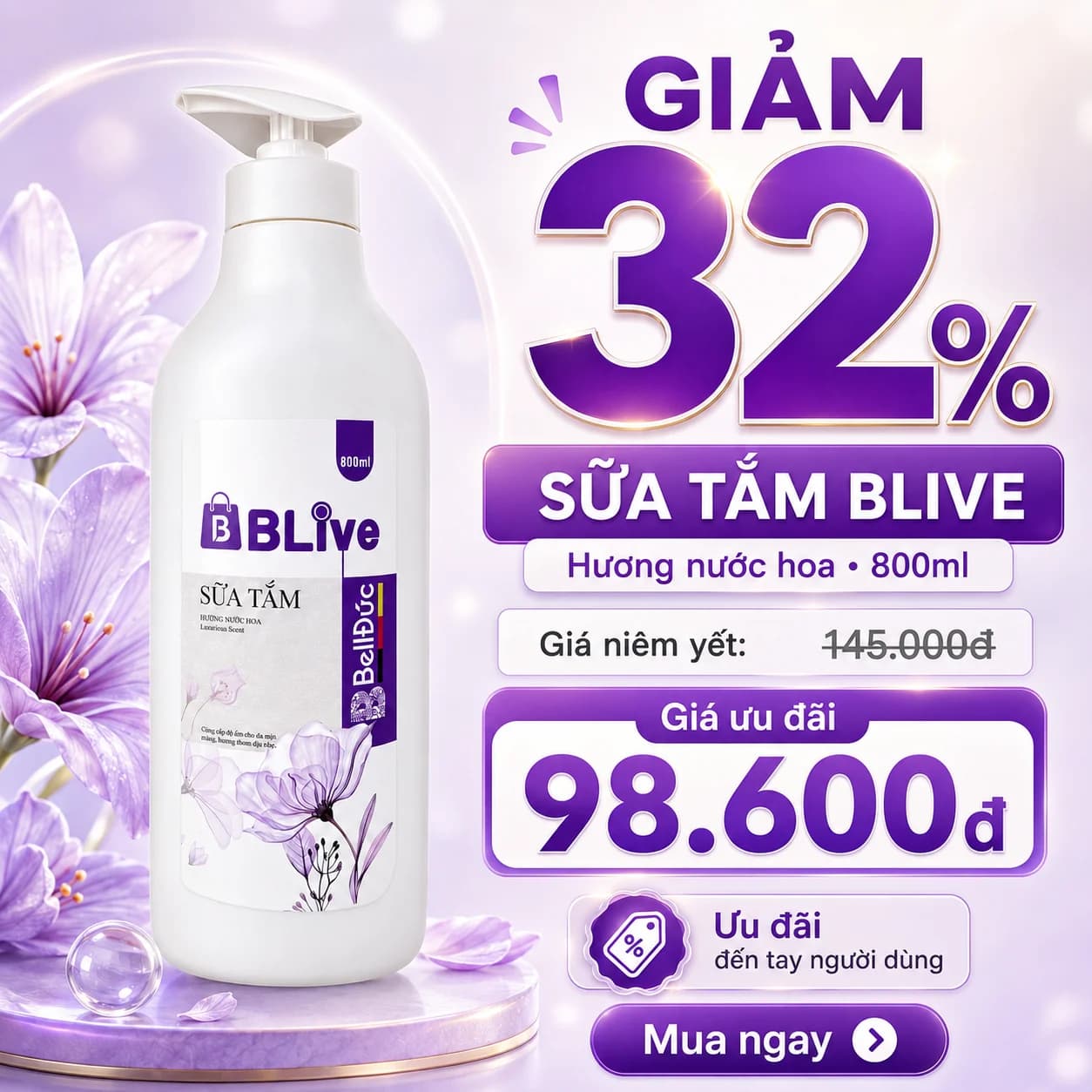 Sữa Tắm Cao Cấp Blive Hương Nước Hoa 800ml (Thảo dược vương tím)