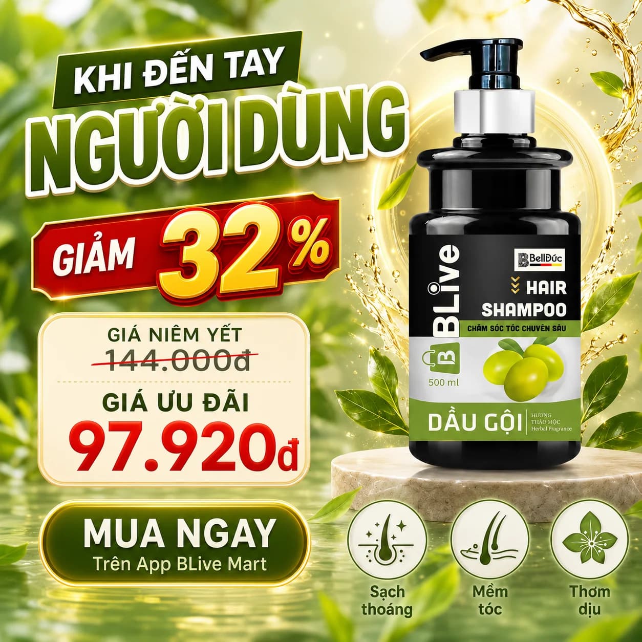 Dầu Gội Cao Cấp Blive Hair Shampoo Thảo Mộc 500ml (Chai tròn trụ đen tem xanh)